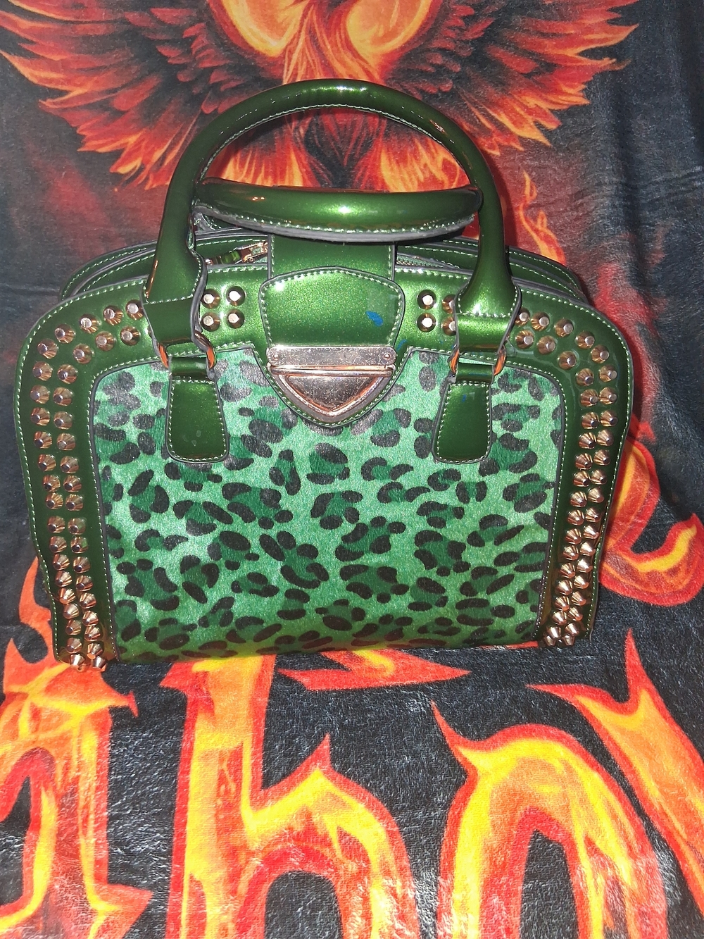Green Leopard Print Studded Satchel Handbag